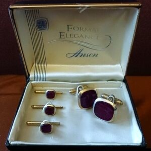 Vintage Gold and Red Cufflinks and Stud Set